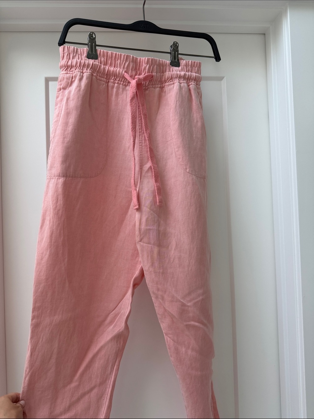 Pink Drawstring Linen-Blend Pants